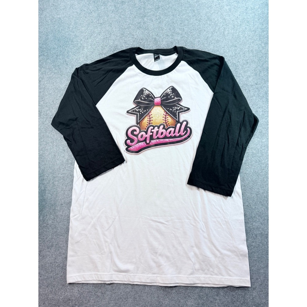 District Womens Softball Raglan Shirt Black White 3/4 Sleeve Graphic Tee Large